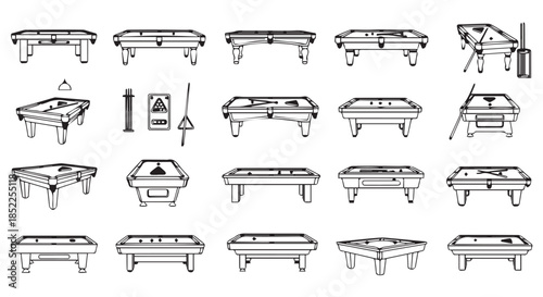 Collection of various black and white line art drawings depicting different styles and angles of pool and billiard tables isolated on transparent background