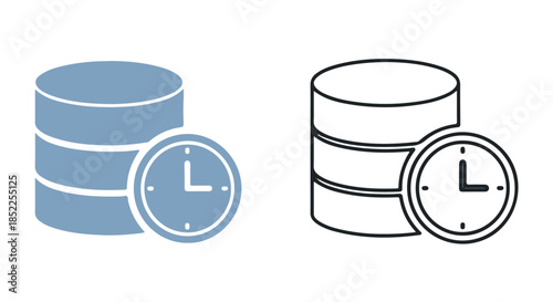 Database icon with a clock overlay representing data backup, timebased operation, or scheduled maintenance, shown in both filled and outline styles isolated on transparent background