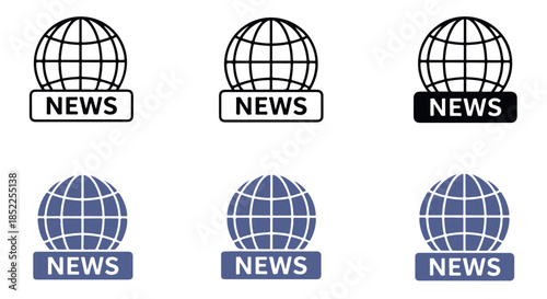 Set of six globe icons with a news banner underneath, presented in various outline and filled styles, isolated on transparent background