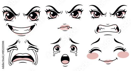 Collection of six stylized cartoon facial expressions showing anger, sadness, fear, and happiness, isolated on transparent background