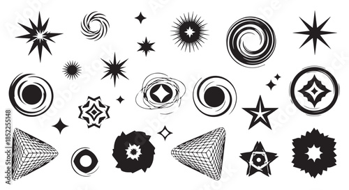 Collection of various black grunge and distressed abstract star, spiral, circle, and geometric shapes isolated on transparent background