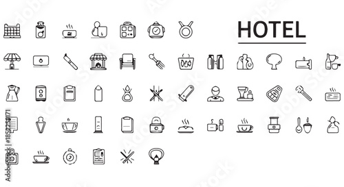 Collection of black and white outline icons representing various hotel service and amenity concepts, isolated on transparent background