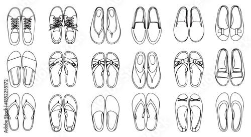 Collection of various styles of flipflop and sandal footwear outlines drawn in black and white for design use isolated on transparent background