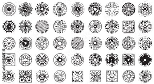 Collection of fifty black and white circular and square abstract grunge stamp or seal designs isolated on transparent background