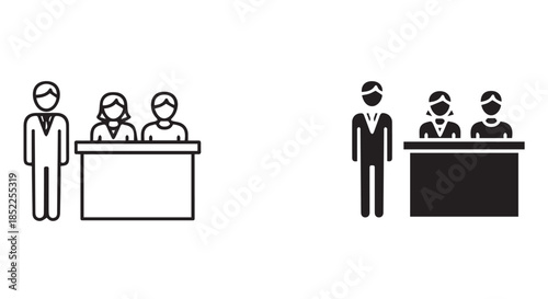 Two styles of line art icons depicting three people standing or sitting behind a counter, isolated on transparent background