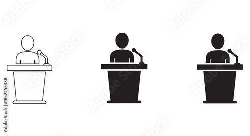 Three styles of podium icon showing a speaker at a lectern with a microphone, isolated on transparent background