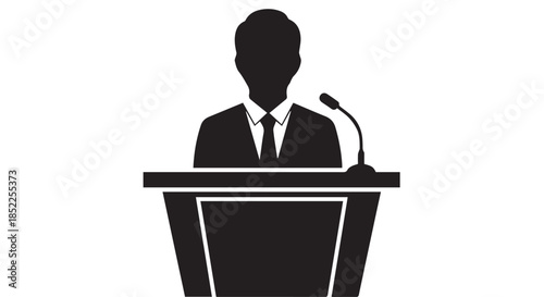 Silhouette icon of a person in a suit and tie standing behind a podium with a microphone, isolated on transparent background