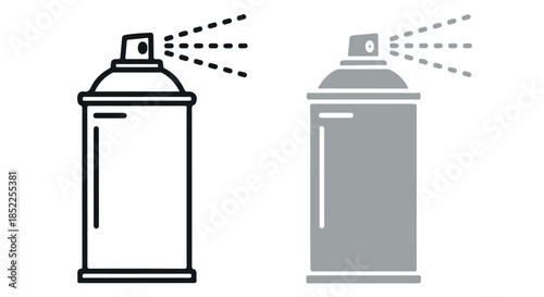 Set of two spray paint can icons, one outline and one solid gray, illustrating aerosol dispensing action isolated on transparent background