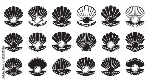 Collection of black and white stylized illustrations of open seashells revealing pearls in various designs and arrangements isolated on transparent background