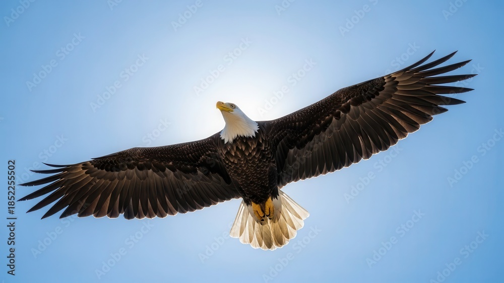 Fototapeta premium Majestic bald eagle soaring through clear blue sky with sun behind