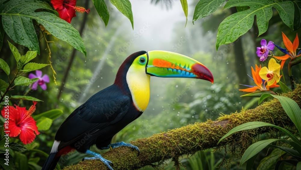Obraz premium Vibrant toucan perched on mossy branch in lush tropical rainforest