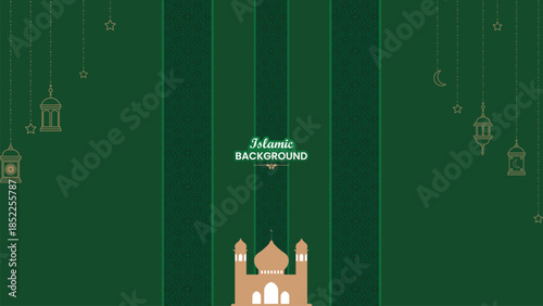 Modern Flat Islamic Mosque with Golden Lanterns and Vertical Arabesque Green Background for Ramadan Celebration Banner Flyer and Elegant Muslim Wallpaper Design