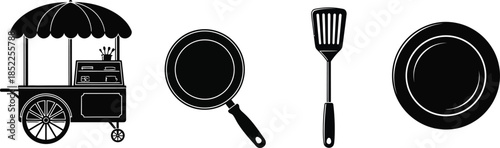 Food cart with cooking utensils and plate icons food cart, street food, cooking