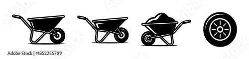 Wheelbarrow collection, tools, equipment, flat vector illustration