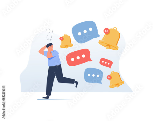 Unhappy stressed man running from messages and text notices. Anxious guy quit notifications feel annoyed and overwhelmed