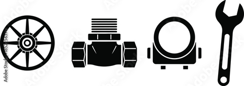 Mechanical parts icons wheel pipe fitting wrench engineering