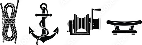 Nautical rope anchor winch and cleat icons rope, knot, coiled rope, anchor, ship