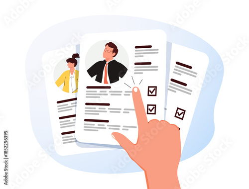 Hand interacting with transparent digital documents and checklists in a futuristic interface, vector on background