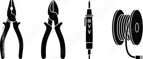 Set of four black and white icons for tools and electrical supplies pliers wire cutters