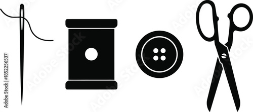 Sewing needle thread spool button and scissors icons needle, sewing needle, thread