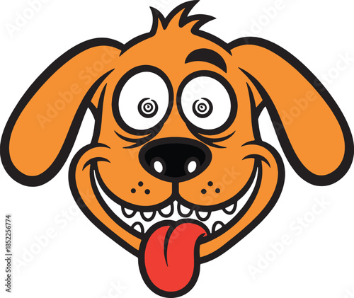 Funny crazy cartoon dog face with big eyes and tongue out vector illustration