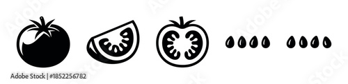 Tomato slices and seeds, flat vector illustration, vegetable clipart, black and white