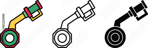 Colorful and black gas pump nozzles with hoses and connectors