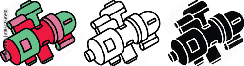 Colorful and monochrome 3 D valve clusters with cylindrical components and connectors