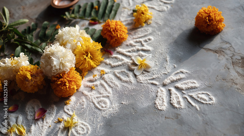 Decorative floral kolam design with marigold and jasmine flowers  