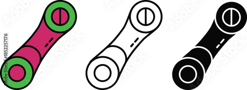 Colorful and monochrome connected mechanical parts with green pink and black sections