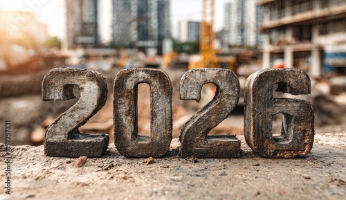 Gritty 2026 Numbers on Construction Site with Sunlit Urban Future.