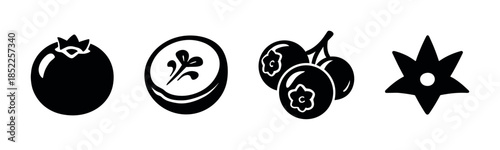 Berry and fruit icons, flat vector illustration, silhouette style graphics