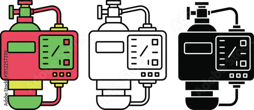 Colorful and monochrome gas cylinder pressure gauges with dials and hoses