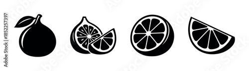 Fruit set with figs and citrus, flat vector illustration, black silhouette style