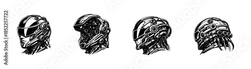 Futuristic robotic helmets, cybernetic, technology, flat vector illustration