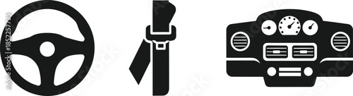 Silhouette icons of steering wheel seatbelt and car dashboard automobile vehicle