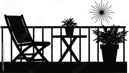 Silhouette of balcony furniture and potted plants terrace chair