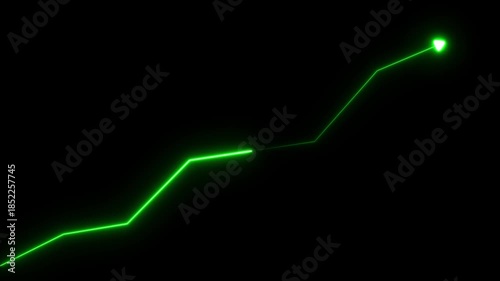 Green Neon Graph Line with Arrow on Black Background. Market Recovery Concept. Successful growth trend blue line graph going Up.