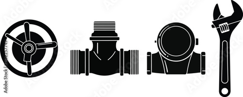 Silhouette of plumbing fixtures and wrench on white background plumbing, wrench, pipe