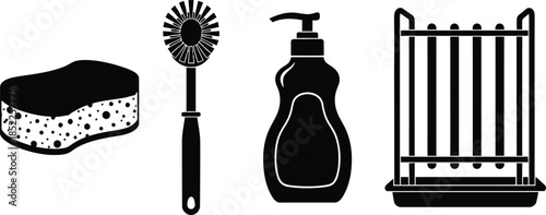 Silhouette of sponge bottle of dish soap and dish drying rack sponge, dish soap, drying