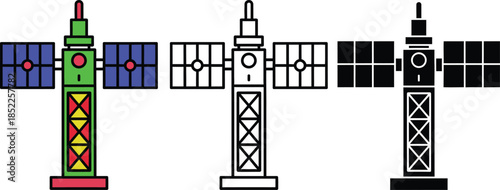 Colorful and monochrome space station with solar panels and modules