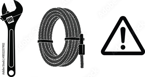 Wrench coiled wire rope and warning triangle exclamation mark wrench, adjustable