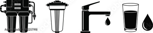 Water Filtration System, Faucet, Glass, and Water Drop Icons water filter