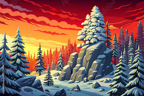 Tall fir trees stand heavily coated in snow within a dense forest, forming a dramatic winter landscape defined by height, depth, and evergreen presence