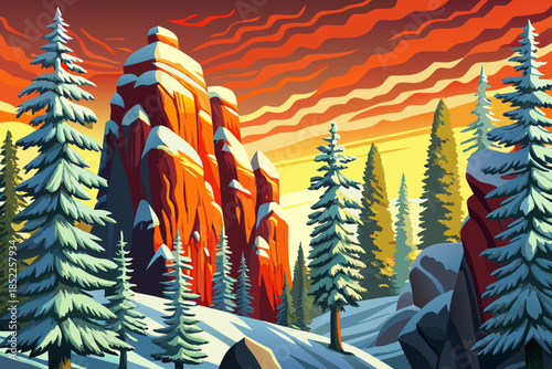 Tall fir trees stand heavily coated in snow within a dense forest, forming a dramatic winter landscape defined by height, depth, and evergreen presence