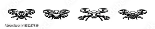 Drones collection, black and white quadrocopter flat vector illustration