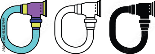 Colorful and monochrome U-shaped pipe connectors with fittings and flanges