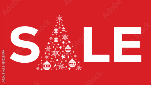 Festive red Christmas sale banner with bold white text and stylized Christmas tree made of white stars and ornaments, perfect for holiday retail promotions and seasonal marketing campaigns.