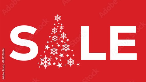 Festive red Christmas sale banner with bold white text and stylized Christmas tree made of white stars and ornaments, perfect for holiday retail promotions and seasonal marketing campaigns.