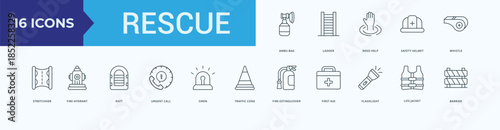 Rescue Icon Pack Illustration Vector with ambu bag, ladder, need, help, safety, helmet, whistle, stretcher, fire, hydrant, raft, urgent